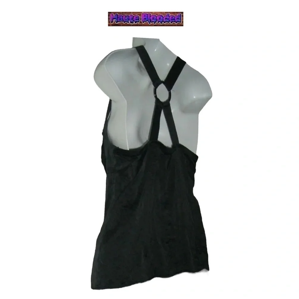 y2k bebe Black Crepe Silk Tank Top Sexy Cami Silver Ring Crinkle 00's 90's Club - Picture 5 of 10